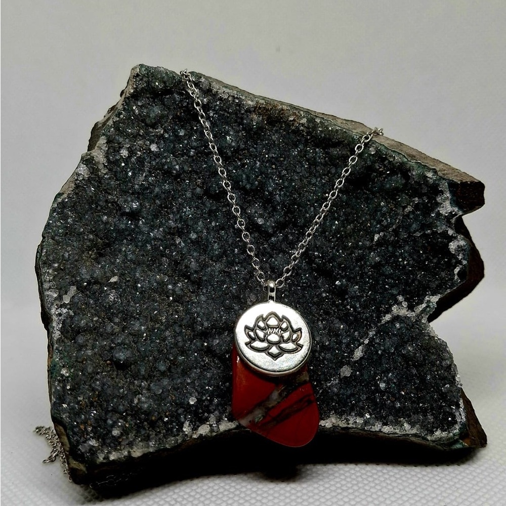 Silver plated and Red jasper Lotus Pendant Necklace
